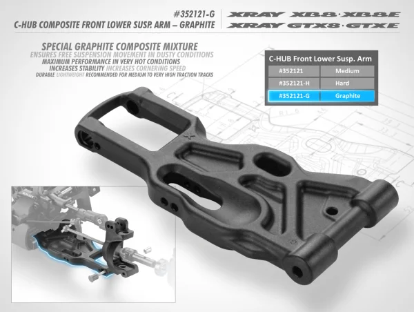 XRay XB8 C-Hub Composite Front Lower Suspension Arm - Graphite &mdash; image 3 of 3