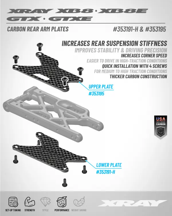 XRay GT/XB8 Carbon Rear Lower Arm Plate - Hard (2) &mdash; image 2 of 3
