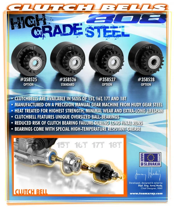 XRay XB808 Clutch Bell 15T With Oversized 5X12X4mm Ball-Bearings - V2