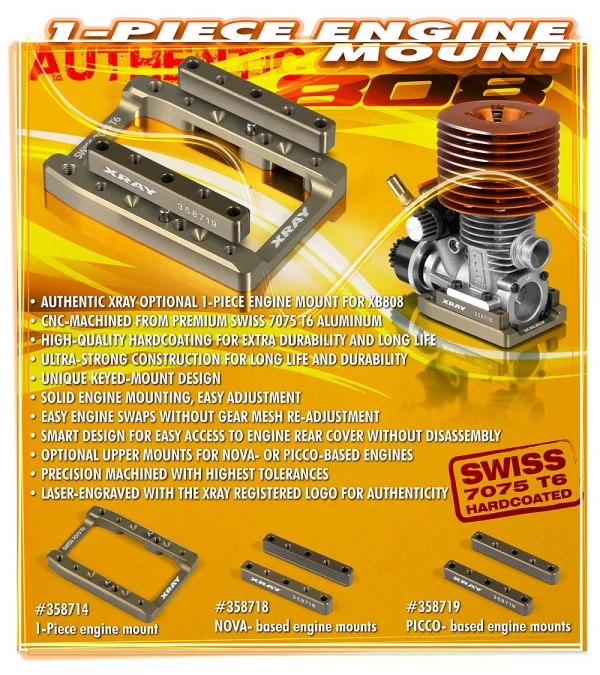 XRay XB808 Aluminium One-Piece Engine Mount - Swiss 7075 T6 - Hard Coated