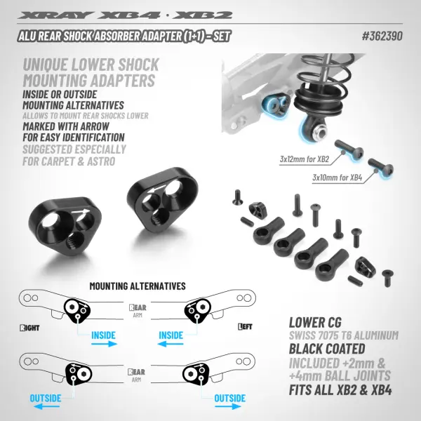 XRay Aluminium Rear Shock Absorber Adapter (1+1) - Set &mdash; image 2 of 2