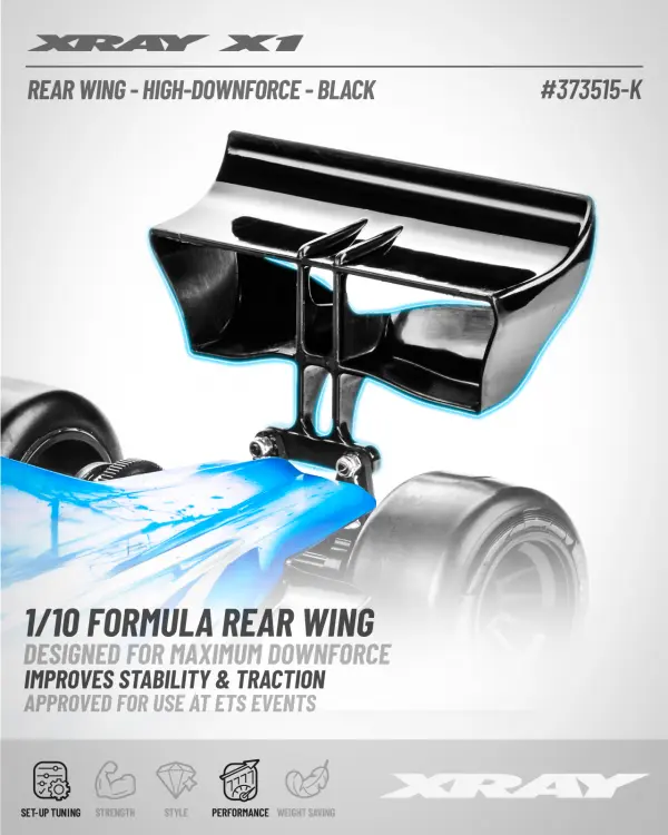XRay X1 Composite Rear Wing - High-Downforce - Black - ETS Approved &mdash; image 2 of 2