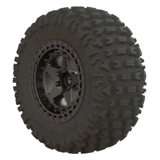 ARAC9631 Arrma DBoots Fortress SC Tyres - Pre Glued on Black Chrome 14mm Hex Wheel (2) — image 1 of 2