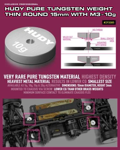 Hudy Pure Tungsten Weight Thin Round 15mm With M3 - 10G &mdash; image 2 of 3