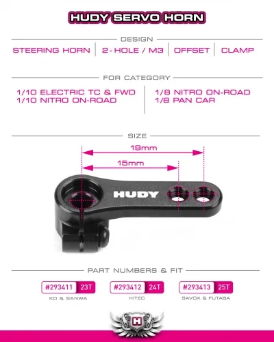 Hudy Aluminium Clamp Servo Horn - Futaba Savox - Offset - 2-Hole - M3 - 25T — image 3 of 4