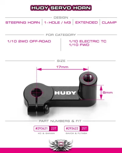 Hudy Aluminium Clamp Steering Servo Horn - Extended 8mm - Futaba/Savox 25T — image 2 of 2