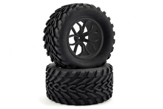 Fastrax 1:10 Mega-V Truck Tyres Mounted On 12 Spoke Black 12mm Hex Wheels (2) &mdash; image 2 of 4