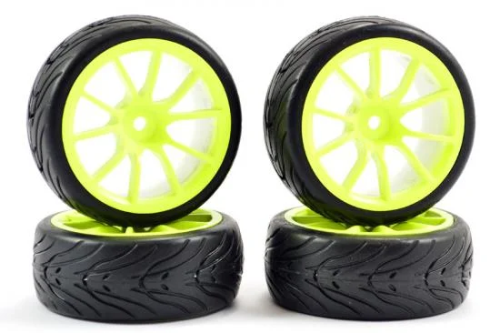 Fastrax 1:10 Street Treaded Tyres on 10 Spoke Neon Yellow Wheels (4) — image 1 of 5