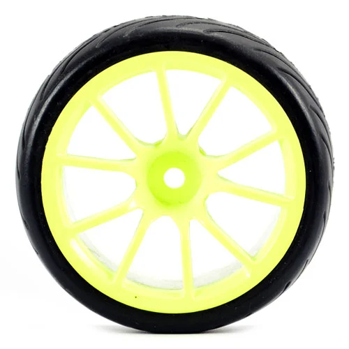 Fastrax 1:10 Street Treaded Tyres on 10 Spoke Neon Yellow Wheels (4) — image 2 of 5