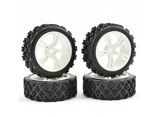 Rally Block Tyres Pre Glued on 1:10 Touring Car White Wheels (4) — image 1 of 3