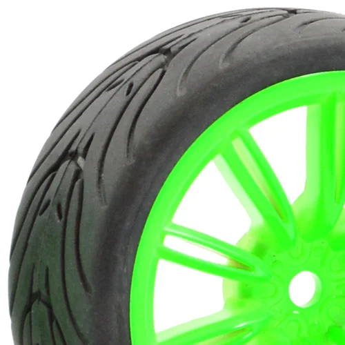 Fastrax 1:10 Street Treaded Tyres on 20 Spoke Neon Green Wheels (4) — image 2 of 5
