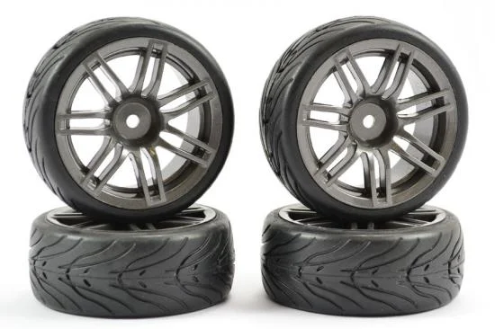 Fastrax 1:10 Street Treaded Tyres on 14 Spoke Gun Metal Wheels (4) — image 1 of 7