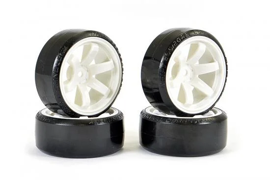 Fastrax 1:10 Street Drift Tyres Pre Mounted on 6-Spoke White Wheels 12mm hex (6mm Offset) (4) — image 1 of 2