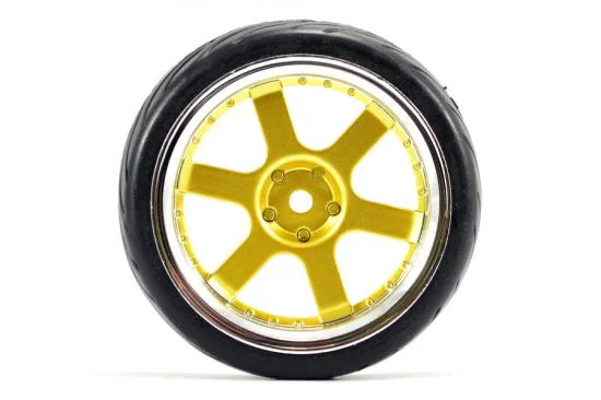 Fastrax 1:10 Street Treaded Tyres on 6 Spoke Gold/Chrome Wheels (4) — image 4 of 6