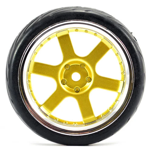 Fastrax 1:10 Street Treaded Tyres on 6 Spoke Gold/Chrome Wheels (4) — image 2 of 6