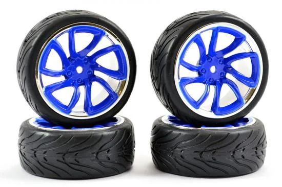 Fastrax 1:10 Street Treaded Tyres on Tri-5 Blue/Chrome Wheels (4) — image 1 of 6
