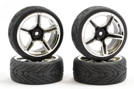 Fastrax 1:10 Street Tread Tyres on 5 Spoke Black/Chrome Wheels (4) — image 2 of 5