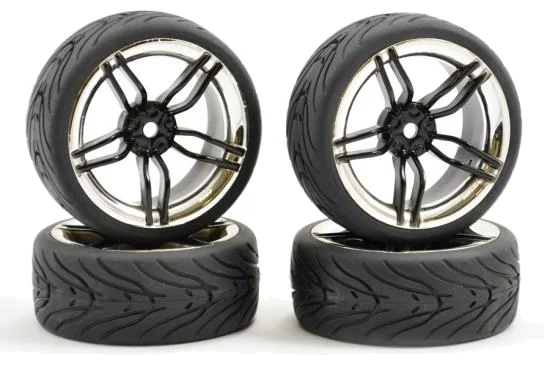 Fastrax 1:10 Street Tread Tyres on 10 Spoke Black/Chrome Wheels (4) — image 2 of 5