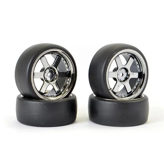 Fastrax Drift D1 Tyres Mounted on 3mm Offset 6 Spoke Black Chrome Wheels (4) — image 1 of 5