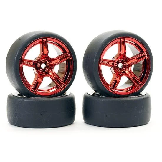 Fastrax Drift D1 Tyres Mounted on 3mm Offset 6 Spoke Metallic Red Wheels (4) — image 1 of 5