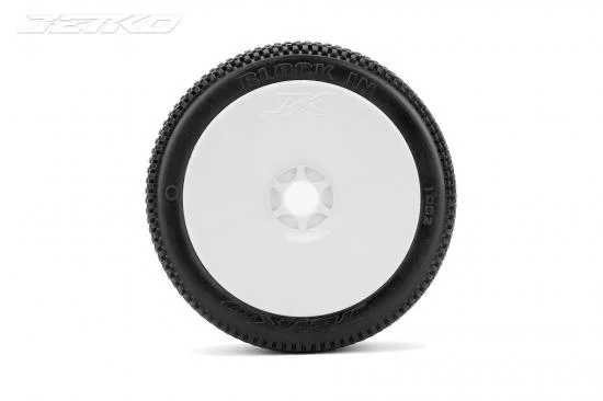 Jetko Block In Soft 1:8 Buggy Tyres Pre Glued on White Revo Rims (2) — image 2 of 2