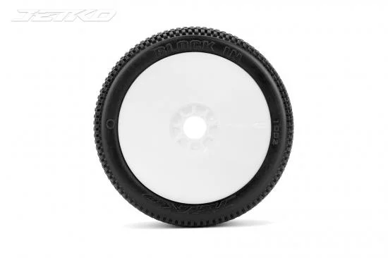 Jetko Block In Ultra Soft 1:8 Buggy Tyres Pre Glued on White Revo Rims (2) — image 2 of 2