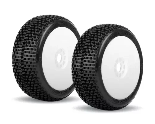 Jetko Dirt Slinger Soft 1:8 Buggy Tyres Pre Glued on White Revo Rims (2) — image 1 of 3