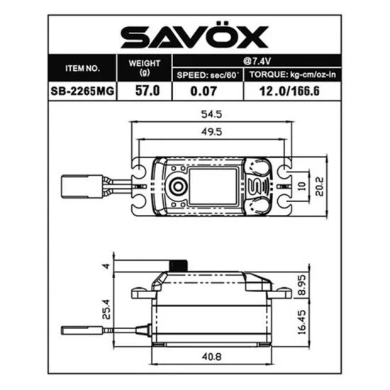 Savox Low Profile Brushless HV MG Servo - 12Kg - 0.08S - Black — image 3 of 7