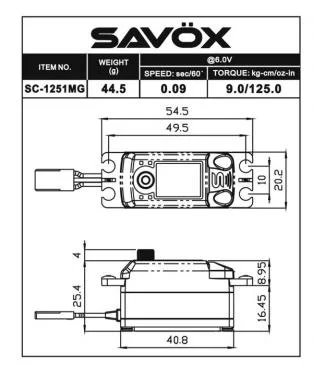 Savox SC1251MG Low Profile Metal Gear Black Edition Servo - 9.0Kg/cm - 0.09 Sec &mdash; image 3 of 3