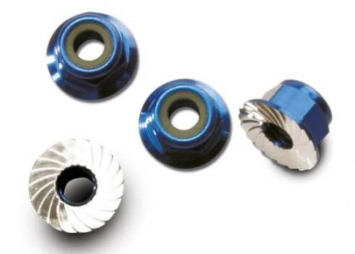 Traxxas Blue Anodised Aluminium M4 Nuts - Flanged Nylon Locking Serrated (4) &mdash; image 2 of 3