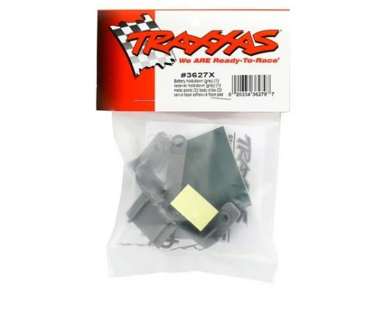 Traxxas Battery hold-down (grey) (1) / receiver hold-down (grey) (1) / metal posts (2)/ spacers (2)/ body clips (2)/ servo tape/ adhesive foam pad — image 3 of 3