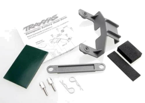 Traxxas Battery hold-down (grey) (1) / receiver hold-down (grey) (1) / metal posts (2)/ spacers (2)/ body clips (2)/ servo tape/ adhesive foam pad — image 2 of 3