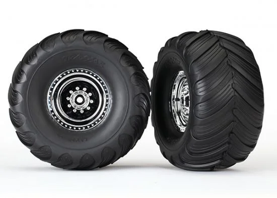 Traxxas Tires wheels assembled glued (chrome wheels Terra Groove dual profile tires foam inserts) (electric rear) (2) — image 2 of 2
