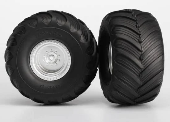 Traxxas Tires wheels assembled glued (satin chrome wheels Terra Groove dual profile tires foam inserts) (electric rear) (2) &mdash; image 2 of 2