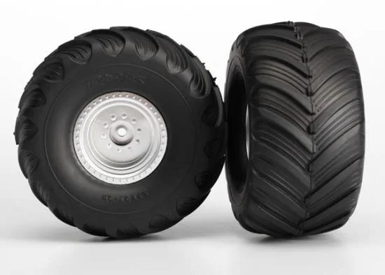 Traxxas Tires wheels assembled glued (satin chrome wheels Terra Groove dual profile tires foam inserts) (nitro rear/ electric front) (2) &mdash; image 2 of 2