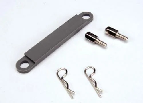 Traxxas Battery hold-down plate (grey) / metal posts (2) / body clips (2) — image 2 of 3
