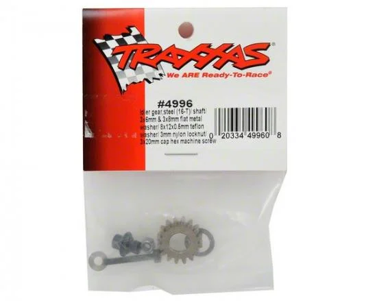 Traxxas Idler gear steel (16-tooth)/ idler gear shaft/ 3x8mm flat metal washer/ 8x12x0.5mm PTFE-coated washer/ 3x6mm flat metal washer/ 3mm nylon locknut 3x20mm cap hex machine screw &mdash; image 3 of 3