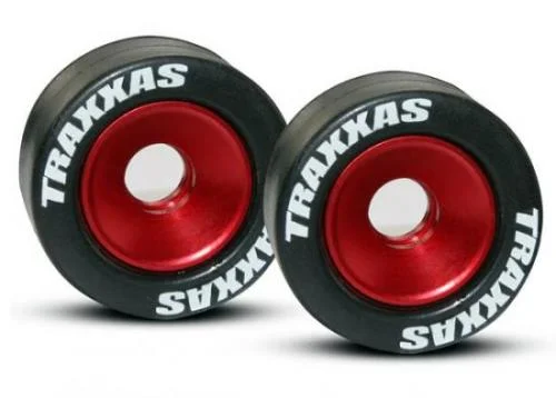 Traxxas Rubber Tires Mounted on Red-Anodized Wheelie Bar Wheels (2)/ 5x8mm Ball Bearings (4)/ Axles (2) &mdash; image 2 of 2
