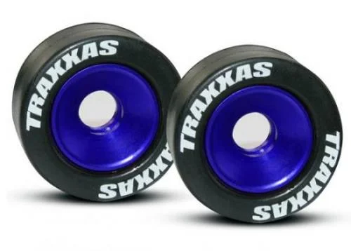 Traxxas Rubber Tires Mounted on Blue-Anodized Wheelie Bar Wheels (2)/ 5x8mm Ball Bearings (4)/ Axles (2) — image 2 of 3