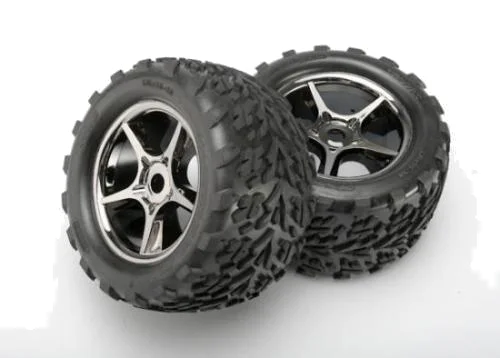 Traxxas Talon tires Gemini black chrome wheels foam inserts (assembled glued) (2) (use with 17mm splined wheel hubs nuts) (TSM rated) &mdash; image 2 of 3