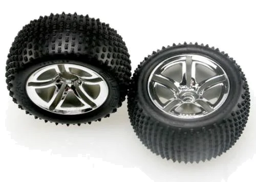 Traxxas Alias tires Twin-Spoke chrome wheels foam inserts (assembled and glued) (nitro rear) (2) — image 2 of 3