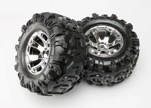Traxxas Tires wheels assembled glued (Geode chrome wheels Canyon AT tires foam inserts) (2) (use with 17mm splined wheel hubs nuts part 5353X beadlock-style sidewall protectors part 5665 5666 5667) — image 2 of 3
