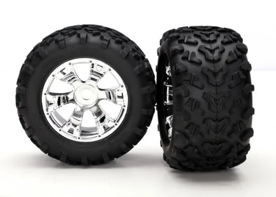 Traxxas Tires wheels assembled glued (Geode chrome wheels MAXX tires (6.3 outer diameter) foam inserts) (2) (use with 17mm splined wheel hubs nuts part 5353X beadlock-style sidewall protectors part 5665 5666 5667) — image 2 of 3