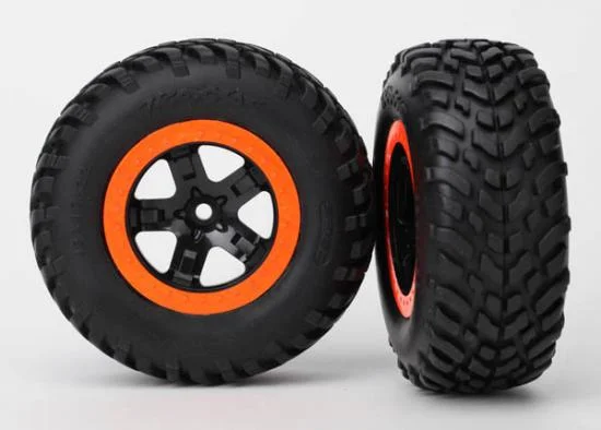 Traxxas Tire wheel assy glued (SCT black orange beadlock wheels SCT off-road racing tires foam inserts) (2) (2WD front) — image 2 of 3