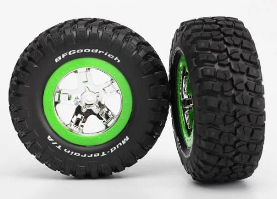 Traxxas Tires wheels assembled glued (SCT chrome green beadlock wheel BFGoodrich Mud-Terrain T/A KM2 tire foam inserts) (2) (2WD front only) — image 2 of 2