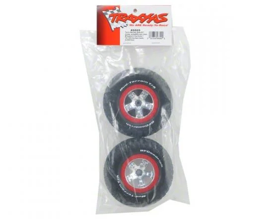 Traxxas Tires wheels assembled glued (SCT chrome red beadlock style wheels BFGoodrich Mud-Terrain T/A KM2 tires foam inserts) (2) (2WD front) — image 3 of 3