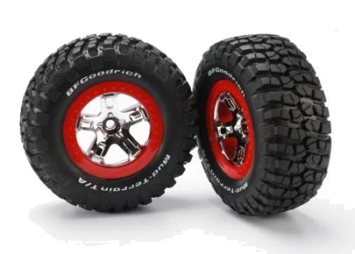 Traxxas Tires wheels assembled glued (SCT chrome red beadlock style wheels BFGoodrich Mud-Terrain T/A KM2 tires foam inserts) (2) (2WD front) — image 2 of 3