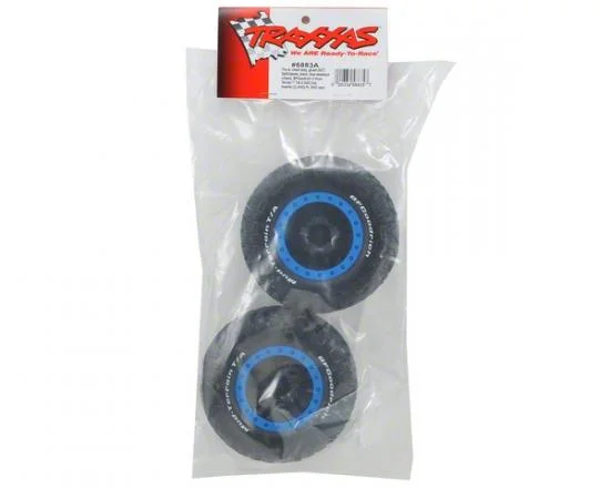 Traxxas Tire wheel assy glued (SCT Split-Spoke black blue beadlock wheels BFGoodrich Mud-Terrain T/A KM2 tire inserts) (2) (4WD f/r 2WD rear) — image 3 of 3