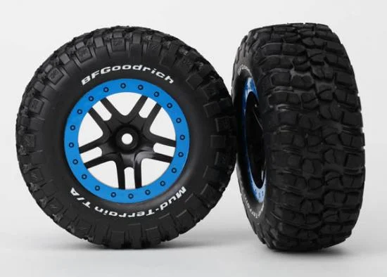 Traxxas Tire wheel assy glued (SCT Split-Spoke black blue beadlock wheels BFGoodrich Mud-Terrain T/A KM2 tire inserts) (2) (4WD f/r 2WD rear) — image 2 of 3