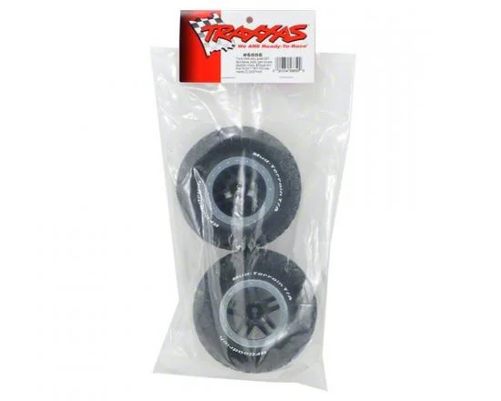 Traxxas Tires wheels assembled glued (SCT Split-Spoke black satin chrome beadlock wheels BFGoodrich Mud-Terrain T/A KM2 tires foam inserts) (2) (2WD Front) &mdash; image 3 of 3